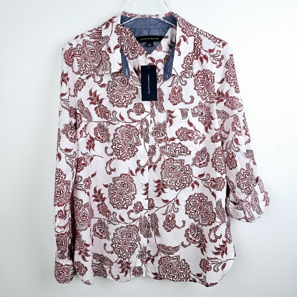 Tommy Hilfiger Red & White Floral Button Front Shirt NWT